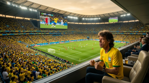 Mick Jagger singing with microphone on stage wearing Brazil yellow soccer jersey number 10